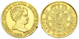 ISABEL II (1833-1868). 80 Reales (Au. 6,73g /21mm). 1839. Barcelona PS. (Cal-2019-704). EBC-. Muesca en listel. Leves marquitas.