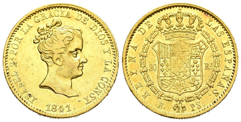 ISABEL II (1833-1868). 80 Reales (Au. 6,72g /21mm). 1841. Barcelona PS. (Cal-201...
