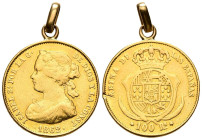 SABEL II (1833-1868). 100 Reales (Au. 8,55g/22mm). 1862. Madrid. (Cal-2019-789). BC+. Colgada. Usada como joya. Raya en reverso.