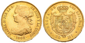 ISABEL II (1833-1868). 10 Escudos (Au. 8,44g /22mm). 1868 *18-68. Madrid. (Cal-2019-815). EBC+. Precioso brillo original. Ligeros golpes en listel.