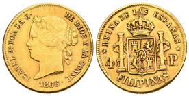 ISABEL II (1833-1868). 4 Pesos. (Au. 6,70g/21mm). 1866/59. Manila. (Cal-2019-860). MBC+. Escaso ejemplar y más con esta sobrefecha. Limpiado.
