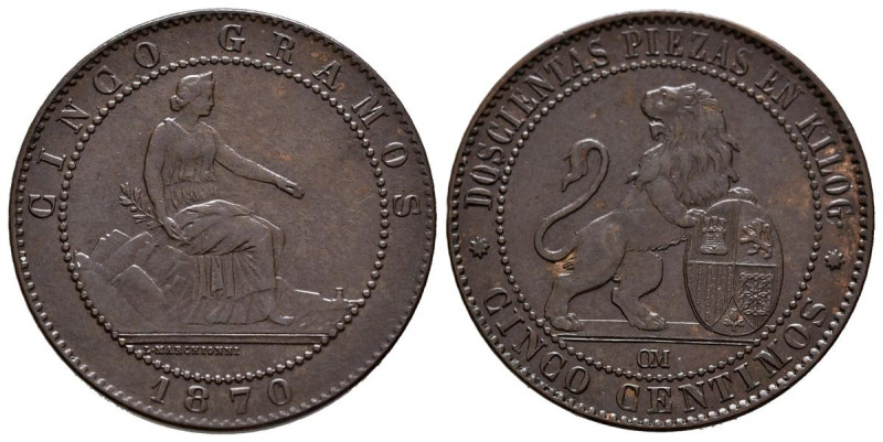 GOBIERNO PROVISIONAL (1868-1871). 5 Céntimos. (Ae. 4,97g/25mm). 1870. Barcelona....