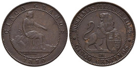 GOBIERNO PROVISIONAL (1868-1871). 5 Céntimos. (Ae. 4,97g/25mm). 1870. Barcelona. (Cal-2019-5). EBC.