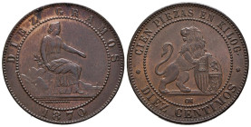 GOBIERNO PROVISIONAL (1868-1871). 10 Céntimos. (Ae. 9,73g/30mm). 1870. Barcelona. (Cal-2019-8). EBC+. Restos de brillo original. Magnífica pieza.