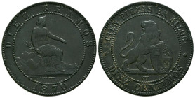 GOBIERNO PROVISIONAL (1868-1871). 10 Céntimos. (Ae. 9,72g/30mm). 1870. Barcelona. (Cal-2019-8). MBC+. Buen ejemplar.