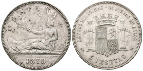 GOBIERNO PROVISIONAL (1868-1871). 5 pesetas. (Ar. 24,97g/37mm). 1870 *18-70. Madrid SMN. (Cal-2019-39). MBC.