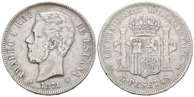AMADEO I (1871-1873). 5 pesetas. (Ar. 24.63g/37mm). 1871 *18-73. Madrid DEM. (Cal-2019-3). MBC-. Escasa.