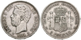 AMADEO I (1871-1873). 5 Pesetas. (Ar. 24,98g/37mm). 1871 *18-75. Madrid DEM. (Cal-2019-7). Acuñada bajo el reinado de Alfonso XII. MBC.
