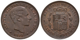 ALFONSO XII (1874-1885). 5 Céntimos. (Ae. 4,93g/24mm). 1877. Barcelona OM. (Cal-2019-4). EBC+. Reverso ligeramente girado. Escasa en esta calidad.