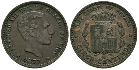 ALFONSO XII (1874-1885). 5 Céntimos. (Cu. 5,17g/25mm). 1877. Barcelona OM. (Cal-2019-4). EBC.