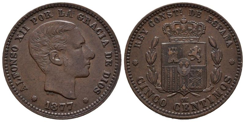 ALFONSO XII (1874-1885). 5 Céntimos. (Cu. 5,02g/25mm). 1877. Barcelona OM. (Cal-...