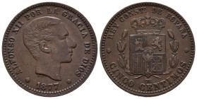 ALFONSO XII (1874-1885). 5 Céntimos. (Cu. 5,02g/25mm). 1877. Barcelona OM. (Cal-2019-4). EBC-.