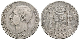 ALFONSO XII (1874-1885). 1 Peseta. (Ar. 4,87g /23mm). 1884 *18-84. Madrid MSM. (Cal-2019-23). MBC. Segunda estrella floja. Rara.