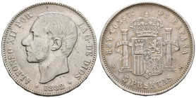 ALFONSO XII (1874-1885). 5 pesetas. (Ar. 24.89g/37mm). 1882/1 *18-82. MadridMSM. (Cal-2019-47). BC+/MBC-. Escasa.