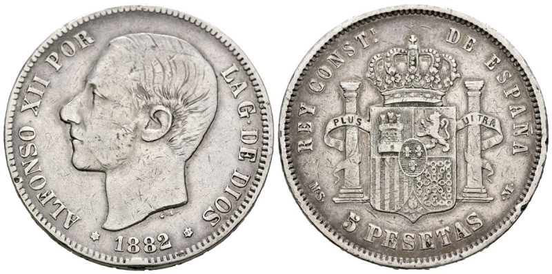 ALFONSO XII (1874-1885). 5 Pesetas. (Ar. 24,69g/37mm). 1882 *18-81. Madrid MSM. ...