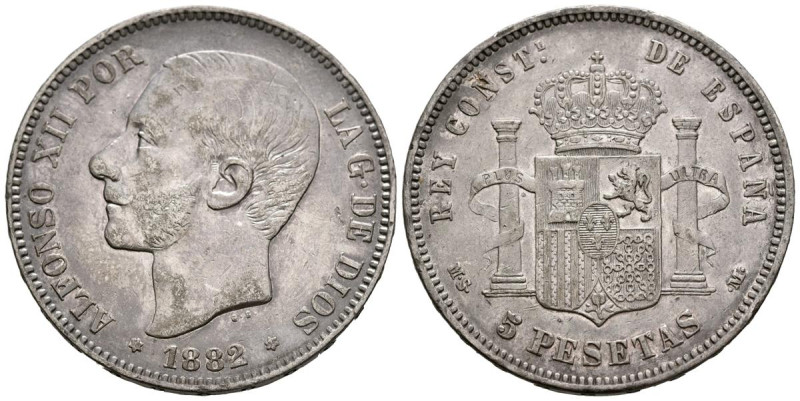 ALFONSO XII (1874-1885). 5 Pesetas. (Ar. 24,86g/37mm). 1882 *18-82. Madrid MSM. ...