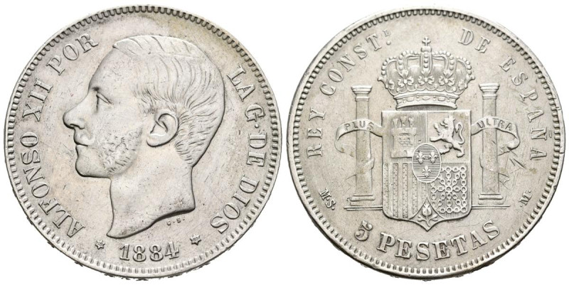 ALFONSO XII (1874-1885). 5 Pesetas. (Ar. 24,80g/37mm). 1884 *18-84. Madrid MSM. ...