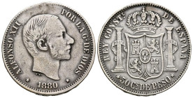 ALFONSO XII (1874-1885). 50 Centavos. (Ar. 12,80g/30mm). 1880. Manila. (Cal-2019-112). MBC-/MBC. Escasa.