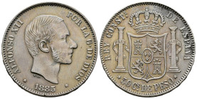 ALFONSO XII (1874-1885). 50 Centavos. (Ar. 12,86g/30mm). 1885. Manila. (Cal-2019-124). MBC+. Pátina dorada.