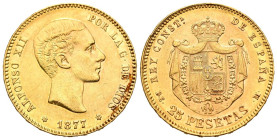 ALFONSO XII (1874-1885). 25 pesetas. (Au. 8,04g/24mm). 1877 *18-77. Madrid DEM. (Cal-2019-68). EBC-.