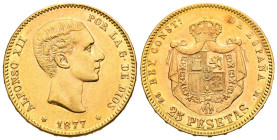 ALFONSO XII (1874-1885). 25 pesetas. (Au. 8,05g/24mm). 1877 *18-77. Madrid DEM. (Cal-2019-68). EBC-.