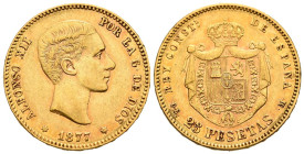 ALFONSO XII (1874-1885). 25 pesetas. (Au. 8,05g/24mm). 1877 *18-77. Madrid DEM. (Cal-2019-68). MBC+.