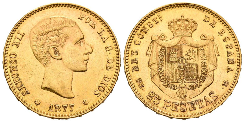 ALFONSO XII (1874-1885). 25 pesetas. (Au. 8.07g/24mm). 1877 *18-77. Madrid DEM. ...