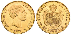 ALFONSO XII (1874-1885). 25 pesetas. (Au. 8.07g/24mm). 1877 *18-77. Madrid DEM. (Cal-2019-68). EBC-.