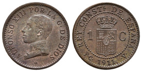 ALFONSO XIII (1885-1931). 1 Céntimo. (Ae. 1,00g/15mm). 1911 *1. Madrid PCV. (Cal-3). EBC.