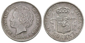 ALFONSO XIII (1885-1931). 50 Céntimos. (Ar. 2,49g/18mm). 1894 *9-4. Madrid PGV. (Cal-2019-43). EBC-