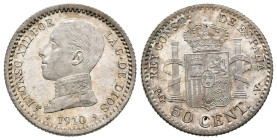 ALFONSO XIII (1885-1931). 50 Céntimos. (Ar. 2,50g/18mm). 1910 *1-0. Madrid PCV. (Cal-2019-48). SC. Pleno brillo original