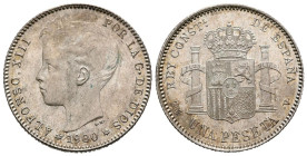 ALFONSO XIII (1885-1931). 1 Peseta. (Ar. 5,09g/23mm). 1900 *19-00. Madrid SMV. (Cal-2019-59). SC-. Brillo original. Magnífica pieza.