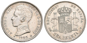 ALFONSO XIII (1885-1931). 1 Peseta. (Ar. 4,96g/23mm). 1903 *19-03. Madrid SMV. (Cal-2019-67). EBC. Ligeras rayitas. Restos de brillo original.