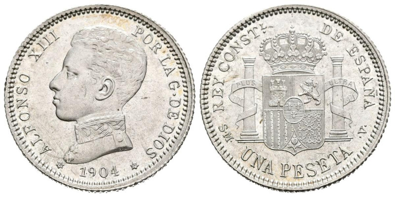 ALFONSO XIII (1885-1931). 1 peseta. (Ar. 4.96g / 23mm). 1904 * 19-04. Madrid SMV...