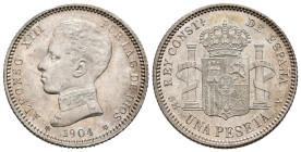 ALFONSO XIII (1885-1931). 1 Peseta. (Ar. 4,96g /23mm). 1904 * 19-04. Madrid SMV. (Cal-2019-68). SC. Brillo original.