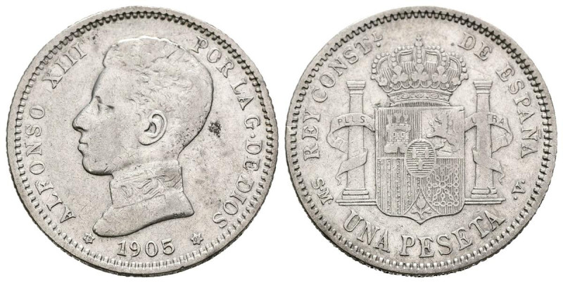 ALFONSO XIII (1885-1931). 1 Peseta (Ar. 4,88g /23mm). 1905 * 19-05. Madrid SMV. ...
