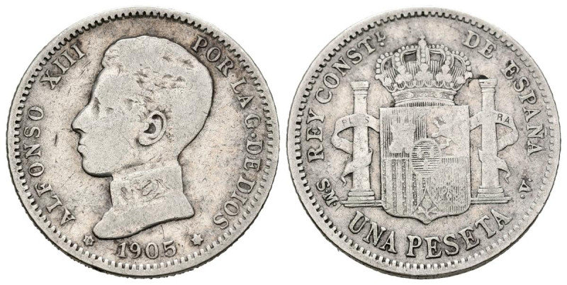 ALFONSO XIII (1885-1931). 1 Peseta. (Ar. 4,81g/23mm). 1905 *19-05. Madrid SMV. (...