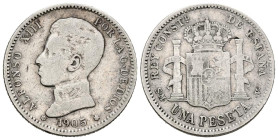 ALFONSO XIII (1885-1931). 1 Peseta. (Ar. 4,81g/23mm). 1905 *19-05. Madrid SMV. (Cal-2019-70). BC. Dígitos de las estrellas visibles excepto el 5. Muy ...