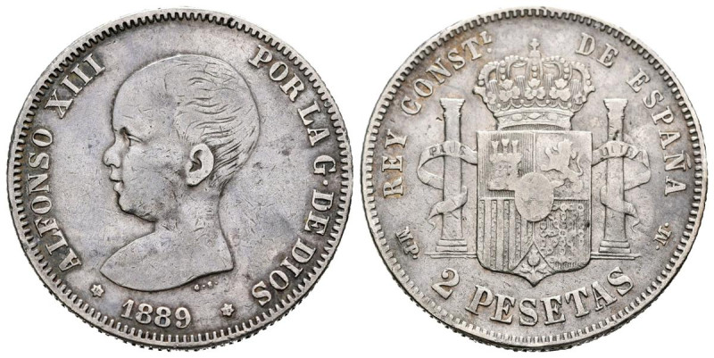 ALFONSO XIII (1885-1931). 2 Pesetas. (Ar. 9,91g/27mm). 1889 *18-89. Madrid MPM. ...