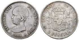 ALFONSO XIII (1885-1931). 2 Pesetas. (Ar. 9,91g/27mm). 1889 *18-89. Madrid MPM. (Cal-2019-82). MBC.