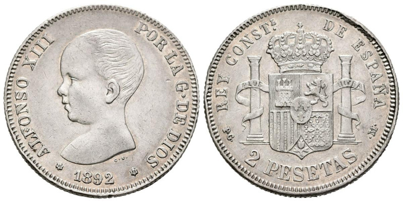 ALFONSO XIII (1885-1931). 2 Pesetas. (Ar. 9,90g/27mm). 1892 *18-92. Madrid PGM. ...