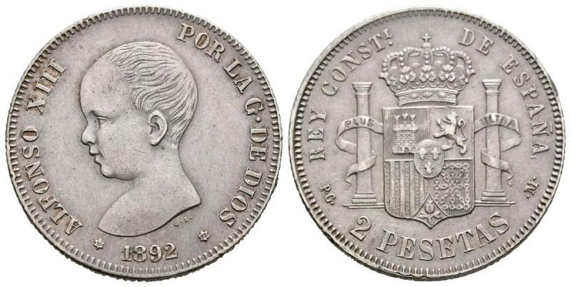 ALFONSO XIII (1885-1931). 2 Pesetas. (Ar. 9,95g/27mm). 1892 *18-92. Madrid PGM. ...