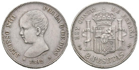 ALFONSO XIII (1885-1931). 2 Pesetas. (Ar. 9,95g/27mm). 1892 *18-92. Madrid PGM. (Cal-2019-85). MBC+.