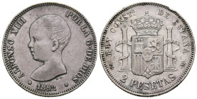 ALFONSO XIII (1885-1931). 2 Pesetas. (Ar. 9,96g/27mm). 1892 *18-92. Madrid PGM. (Cal-2019-85). MBC.