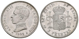 ALFONSO XIII (1885-1931). 2 Pesetas. (Ar. 9,90g/27mm). 1905 *19-05. Madrid SMV. (Cal-2019-88). EBC+/SC-. Brillo original.