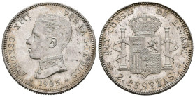 ALFONSO XIII (1885-1931). 2 Pesetas (Ar. 10,04g/27mm). 1905 *19-05. Madrid SMV. (Cal-2019-88). EBC+. Marquitas. Brillo original.