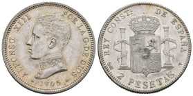 ALFONSO XIII (1885-1931). 2 Pesetas. (Ar. 9,96g /27mm). 1905 *19-05. Madrid SMV. (Cal-2019-88). EBC. Marquitas.