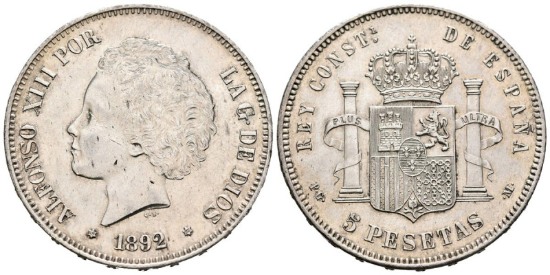 ALFONSO XIII (1885-1931). 5 Pesetas. (Ar. 25,07g/37mm). 1892 *18-92. Madrid PGM....