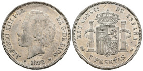 ALFONSO XIII (1885-1931). 5 Pesetas. (Ar. 24,97g/37mm). 1892 *18-92. Madrid PGM. (Cal-2019-100). EBC-. Restos de brillo original. Rayitas en reverso.