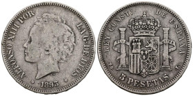ALFONSO XIII (1885-1931). 5 Pesetas. (Ar. 24,61g/37mm). 1893 *18-93. Madrid PGL. (Cal-2019-103var). Oreja rallada. BC+.